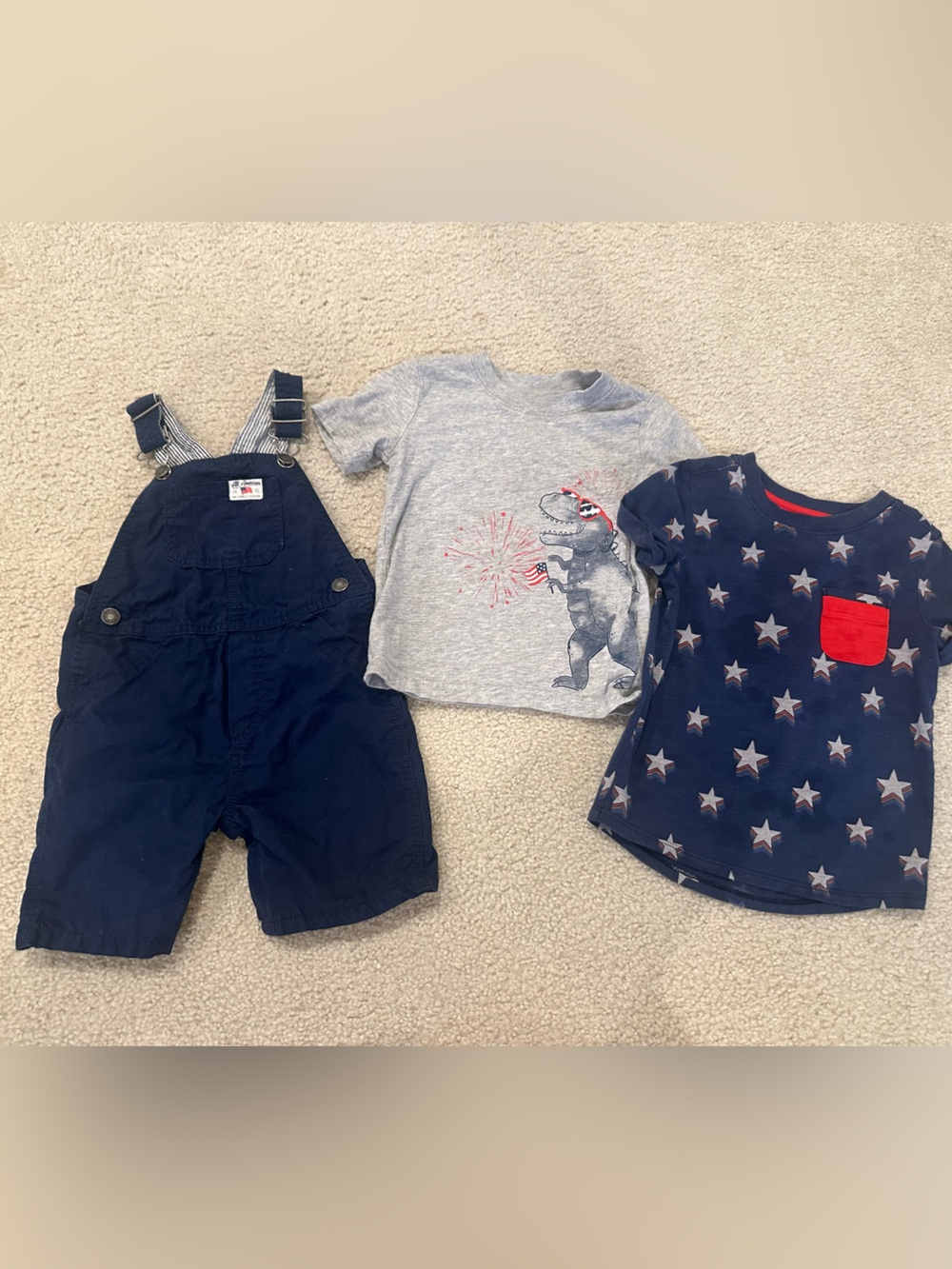 Carter's Navy overalls with Blue and Gray Tees